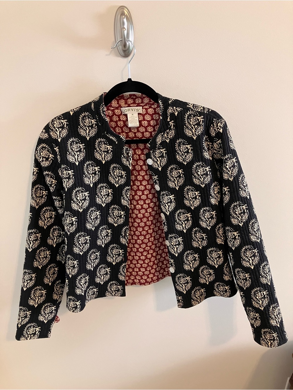 Vintage Orvis Paisley Floral Print Blazer Jacket in Black/Beige/Cream/Red Medium